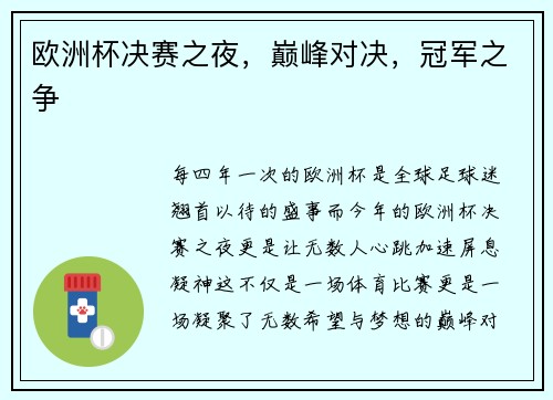 欧洲杯决赛之夜，巅峰对决，冠军之争