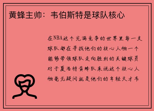 黄蜂主帅：韦伯斯特是球队核心