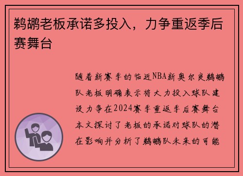 鹈鹕老板承诺多投入，力争重返季后赛舞台